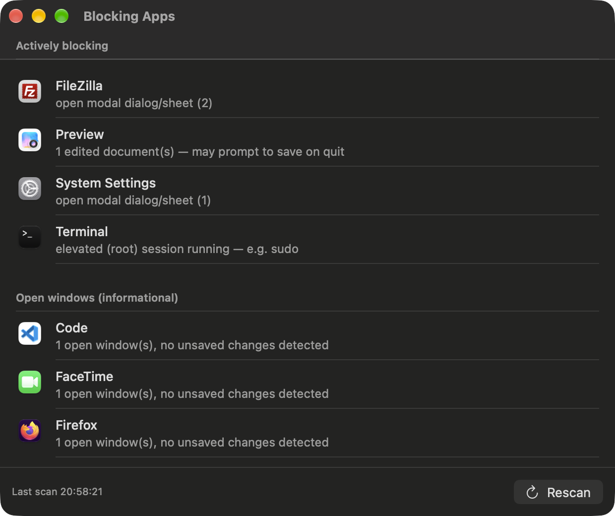 Blocking Apps window