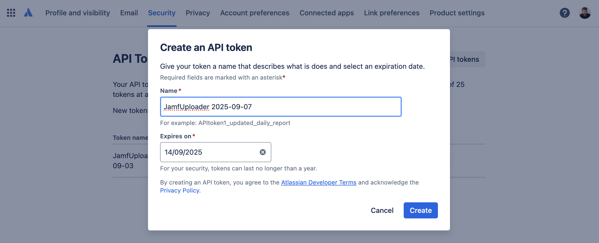 Jira Create API Token - Name and Date