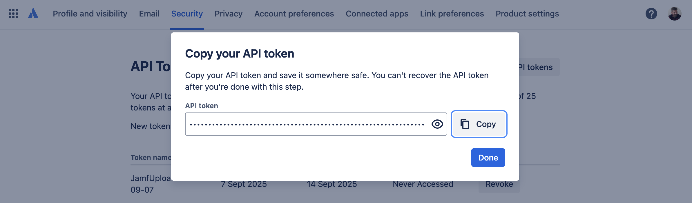 Jira Create API Token - Copy Token