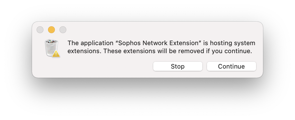 System Extension removal warning Sophos