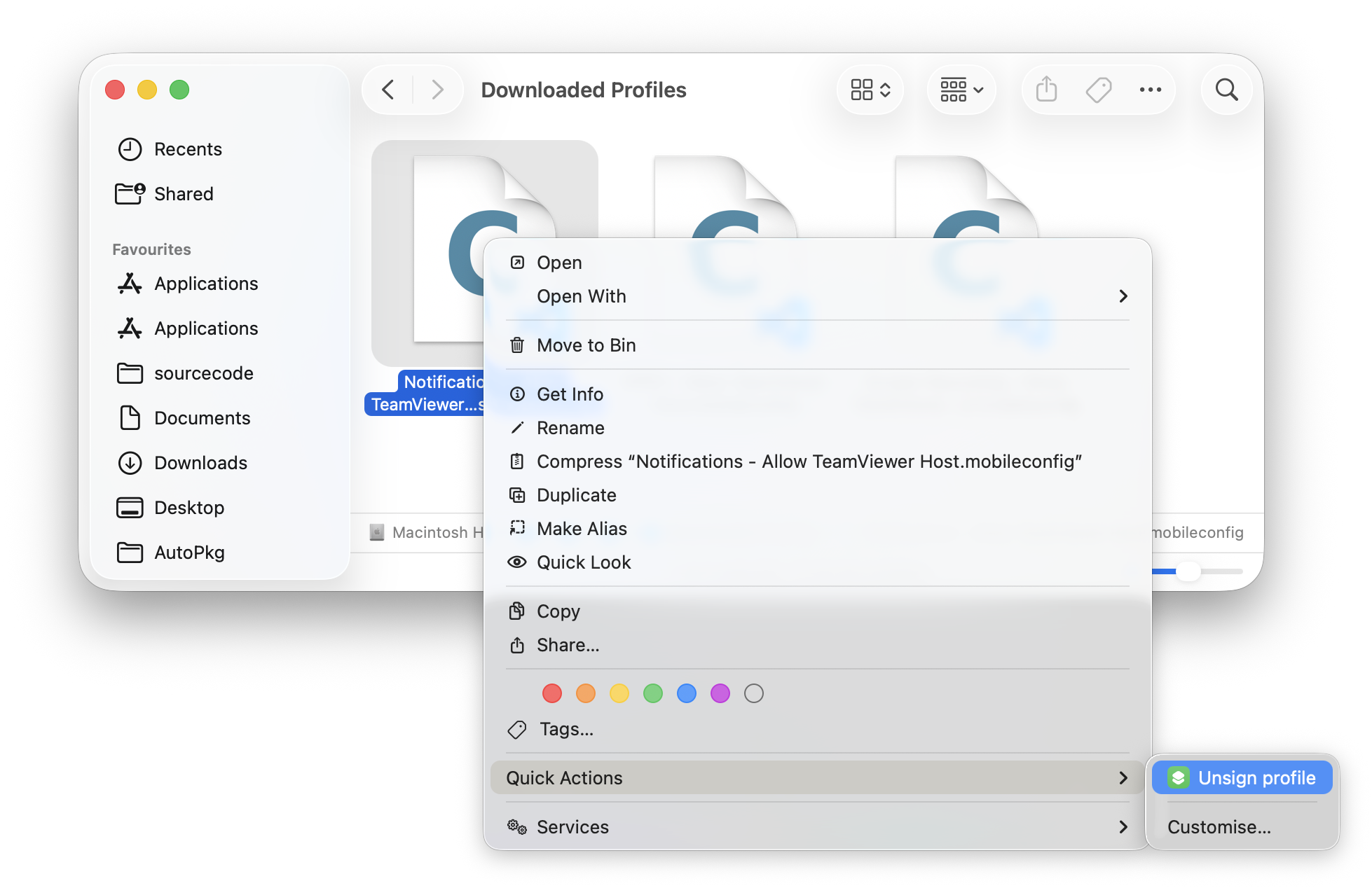 Screenshot of the Shortcut Quick Action Menu