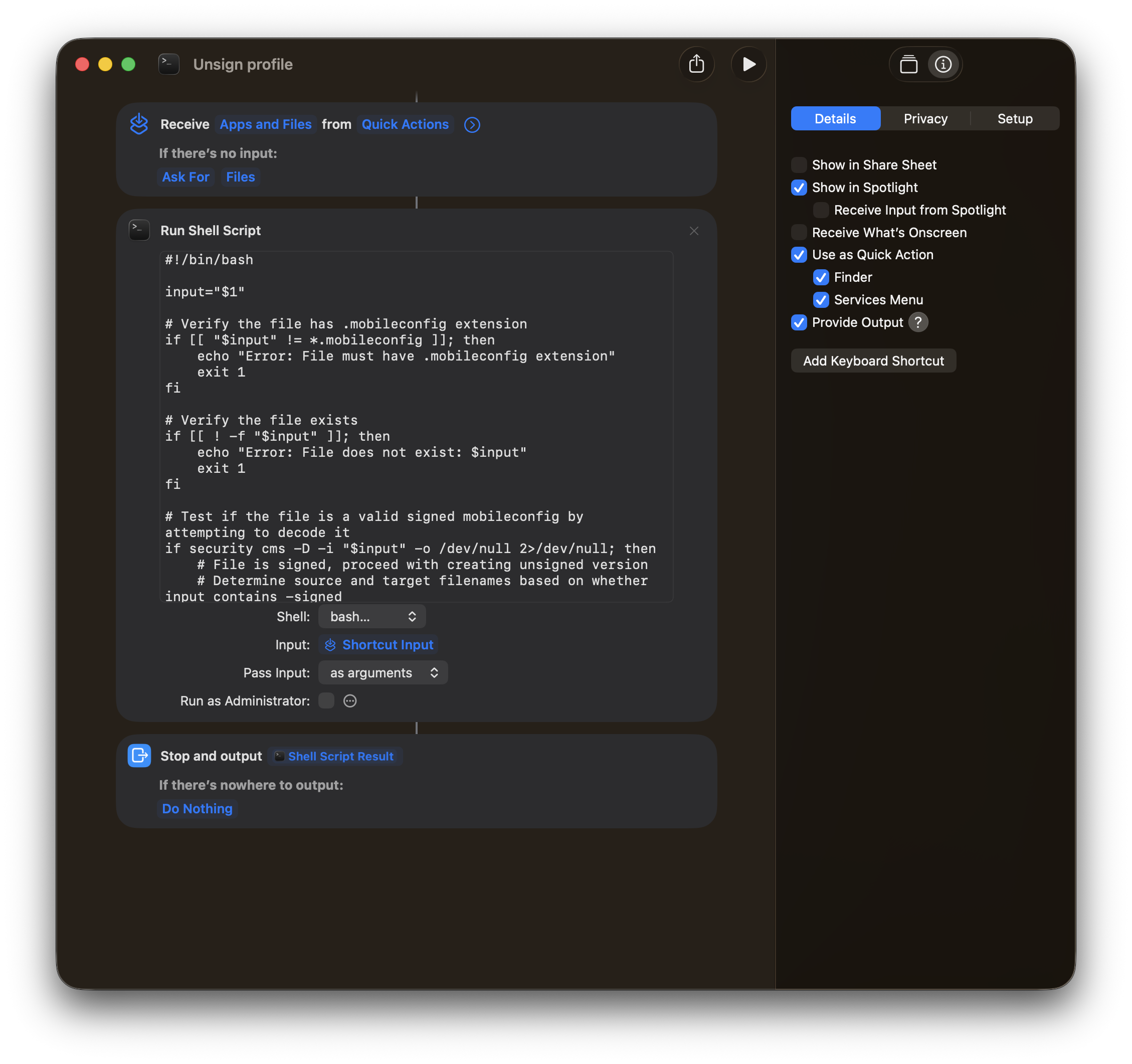 Screenshot of the Shortcut contents