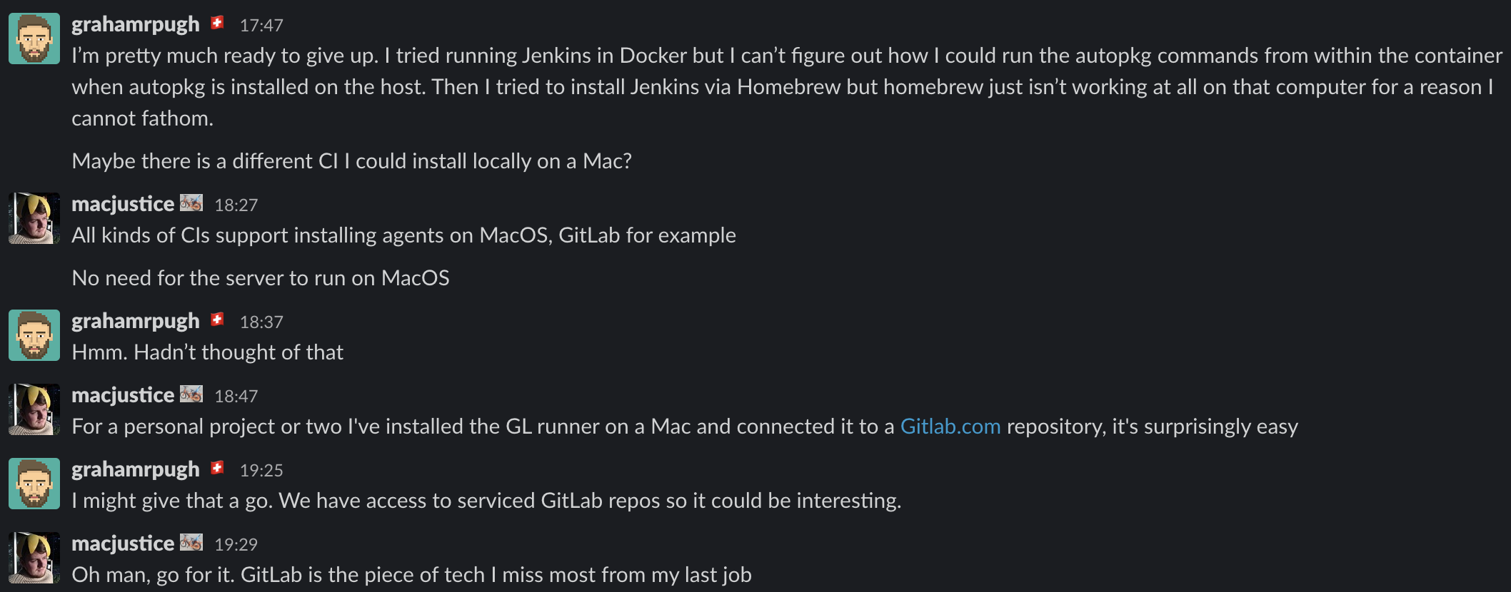Slack conversation about Gitlab agents